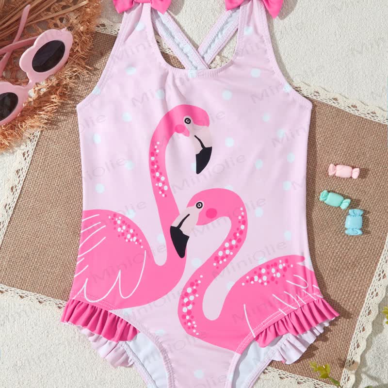 Toddler Girls Ruffle Swim Bodysuit - Pink Bow Flamingo - 4-5T - image 9