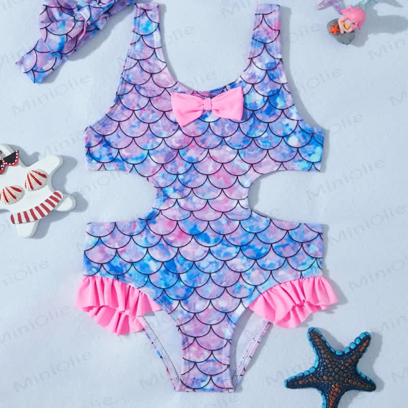 Toddler Girls Ruffle Swim Bodysuit - Blue Bow Fish Scales - 4-5T - image 11