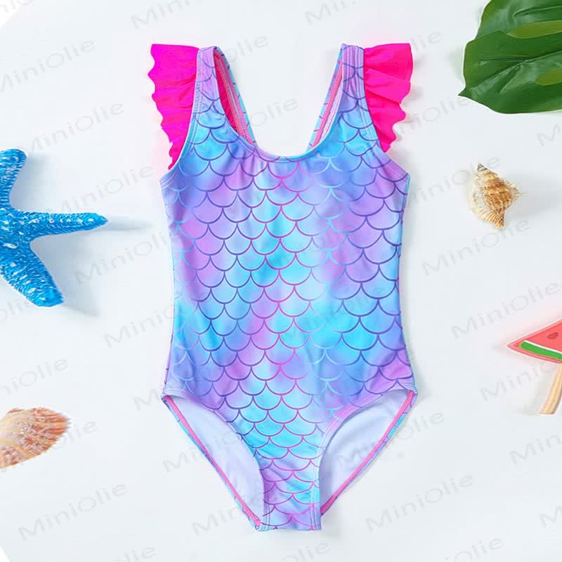 Toddler Kid Girls Mermaid Scale Ruffle Bodysuit Swimwear - Blue - 8-9T - image 1