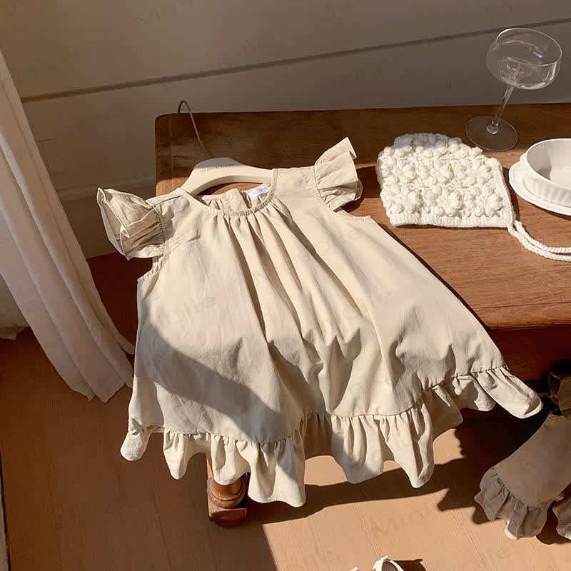 Toddler Girl Solid Color Ruffle Flutter Sleeve Dress - Beige - 8-9T - image 4