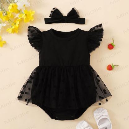 Baby Black Dot Tulle Bodysuit with Headband - Black - 9-12M - image 1