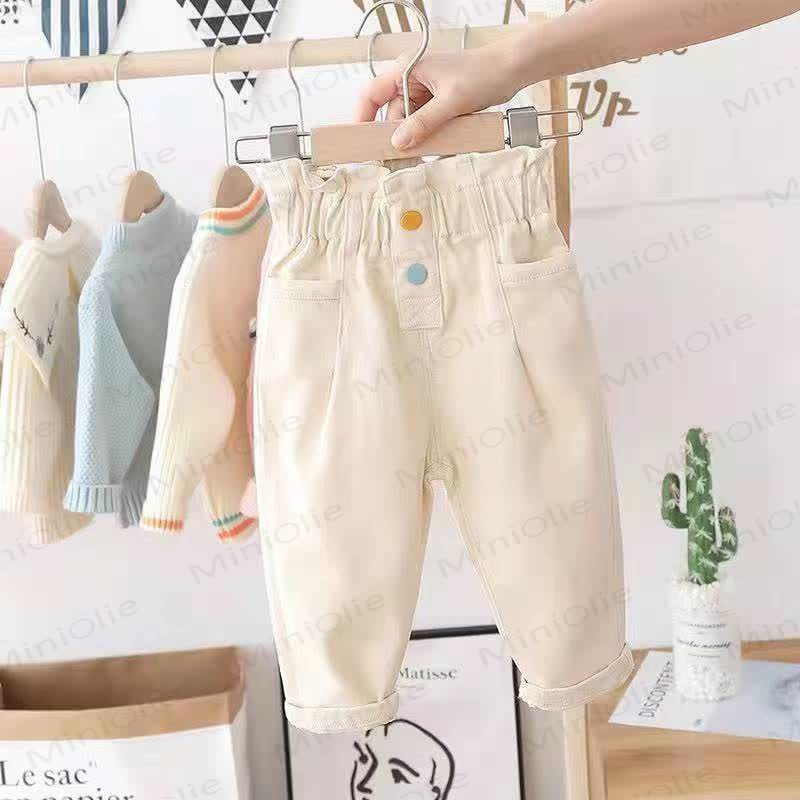 Toddler Girls Soft Cotton High Waist Casual Pants - Beige - 6-7T - image 3