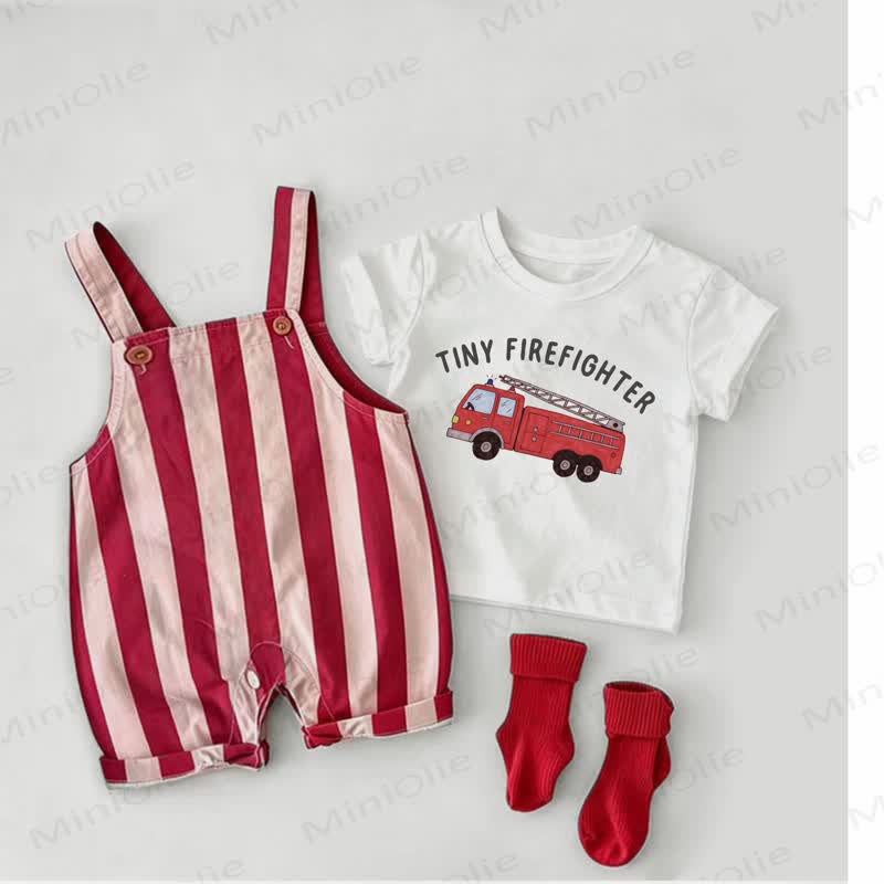 TINY FIREFIGHTER Baby Vehicle Red Stripe Overalls and White Tee 2-piece Set - White&Red - 2-3T - image 1