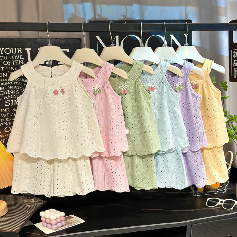 Toddler Girl Solid Color Eyelet Top and Shorts 2-piece Sleeveless Set - image 1