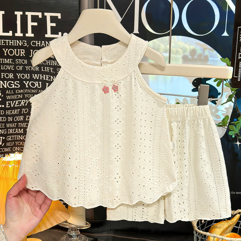 Toddler Girl Solid Color Eyelet Top and Shorts 2-piece Sleeveless Set - Beige - 8-9T - image 5