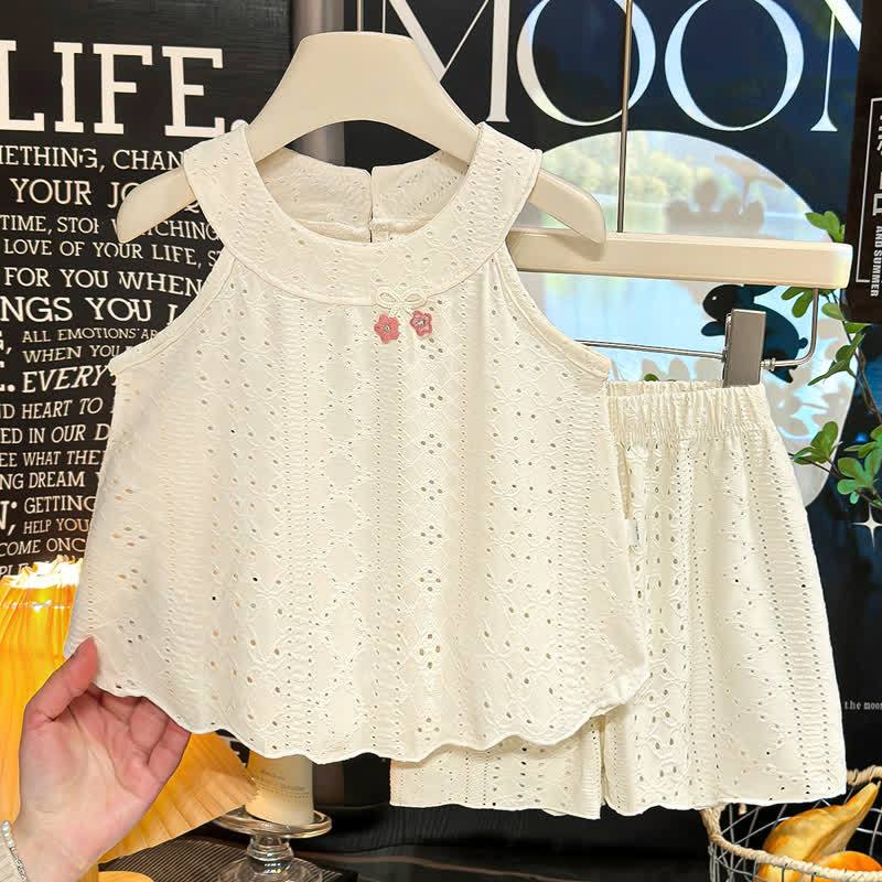Toddler Girl Solid Color Eyelet Top and Shorts 2-piece Sleeveless Set - Beige - 8-9T - image 5