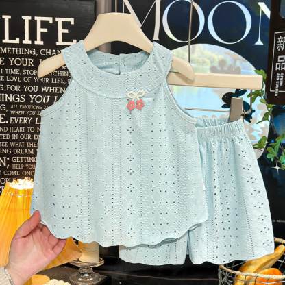 Toddler Girl Solid Color Eyelet Top and Shorts 2-piece Sleeveless Set - Blue - 8-9T - image 7