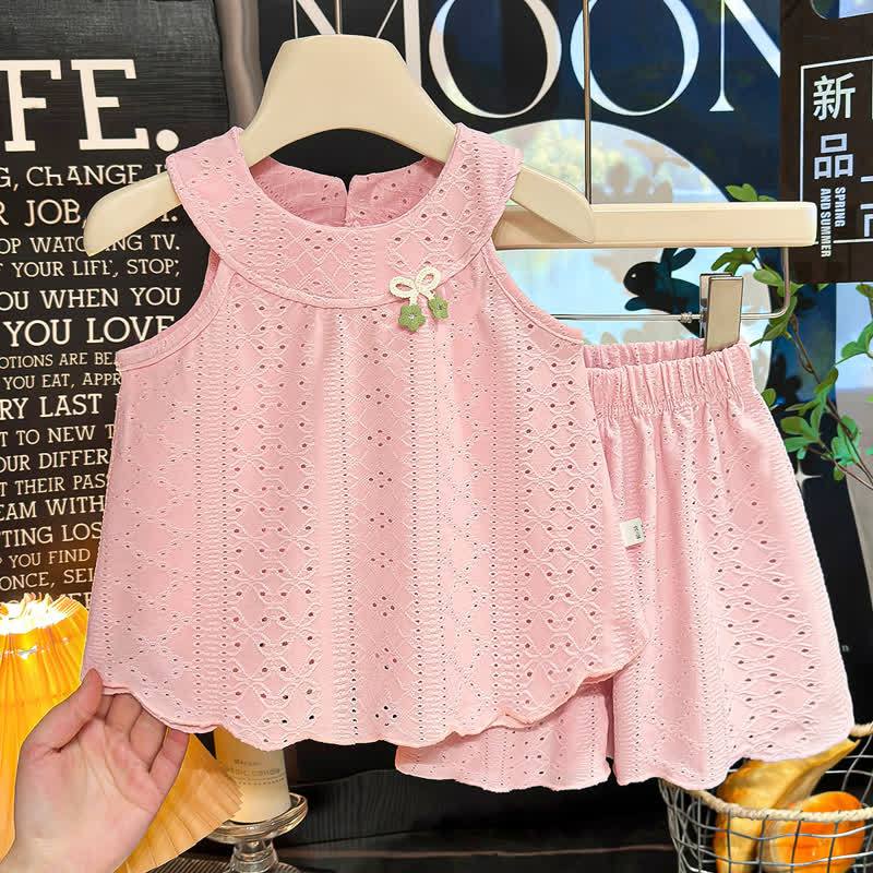 Toddler Girl Solid Color Eyelet Top and Shorts 2-piece Sleeveless Set - Pink - 8-9T - image 3