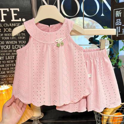 Toddler Girl Solid Color Eyelet Top and Shorts 2-piece Sleeveless Set - Pink - 8-9T - image 3
