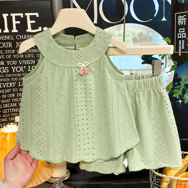 Toddler Girl Solid Color Eyelet Top and Shorts 2-piece Sleeveless Set - Green - 8-9T - image 2