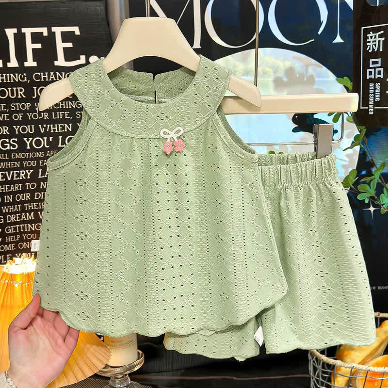 Toddler Girl Solid Color Eyelet Top and Shorts 2-piece Sleeveless Set - Green - 8-9T - image 2