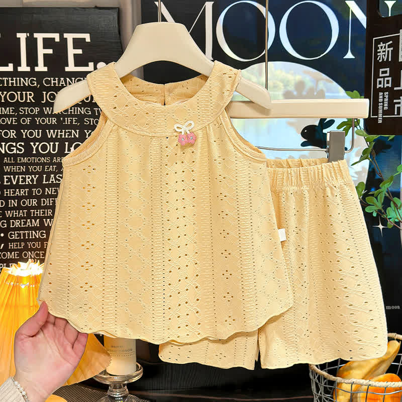 Toddler Girl Solid Color Eyelet Top and Shorts 2-piece Sleeveless Set - Yellow - 8-9T - image 4