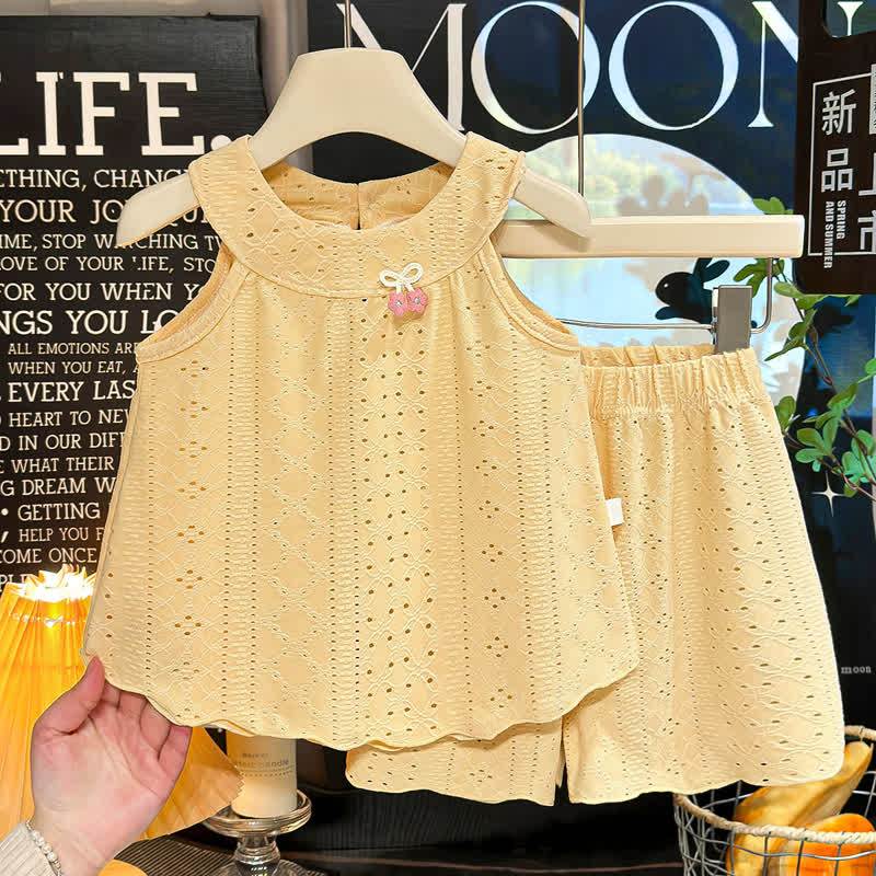 Toddler Girl Solid Color Eyelet Top and Shorts 2-piece Sleeveless Set - Yellow - 8-9T - image 4