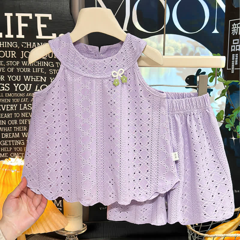 Toddler Girl Solid Color Eyelet Top and Shorts 2-piece Sleeveless Set - Purple - 8-9T - image 6