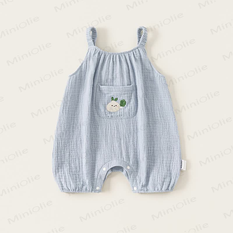 Baby Cotton Blue Crinkle Peach Embroidery Pocket Romper - Blue - 2-3T - image 1