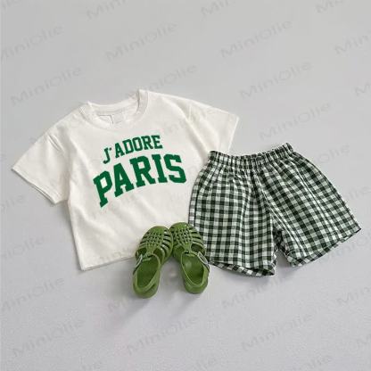 J'ADORE PARIS Baby Tee and Plaid Shorts 2-Piece Set - White&Green - 3-5T - image 1