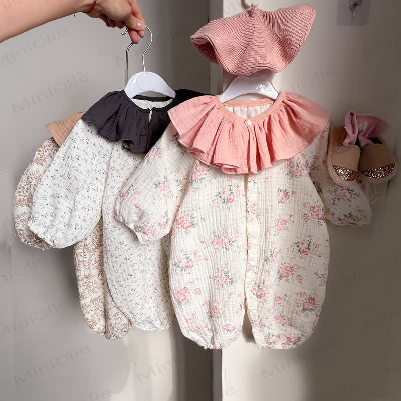 Baby Girls Vintage Floral Print Ruffle Collar Romper - image 1