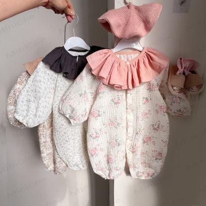 Baby Girls Vintage Floral Print Ruffle Collar Romper - image 1