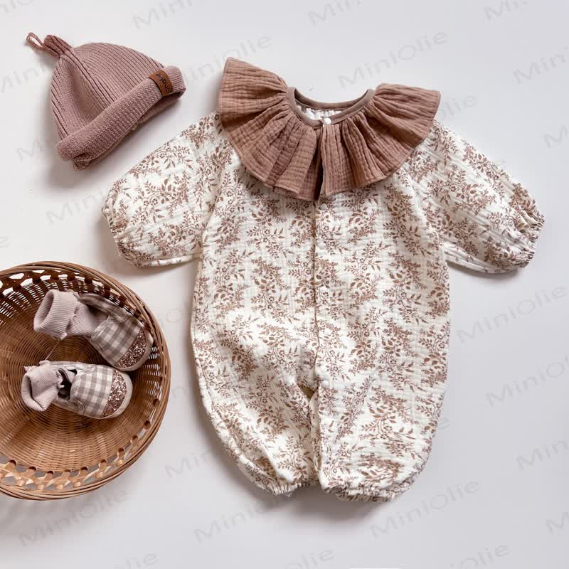 Baby Girls Vintage Floral Print Ruffle Collar Romper - Beige - 18-24M - image 4