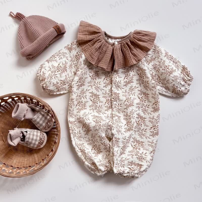 Baby Girls Vintage Floral Print Ruffle Collar Romper - Beige - 18-24M - image 4