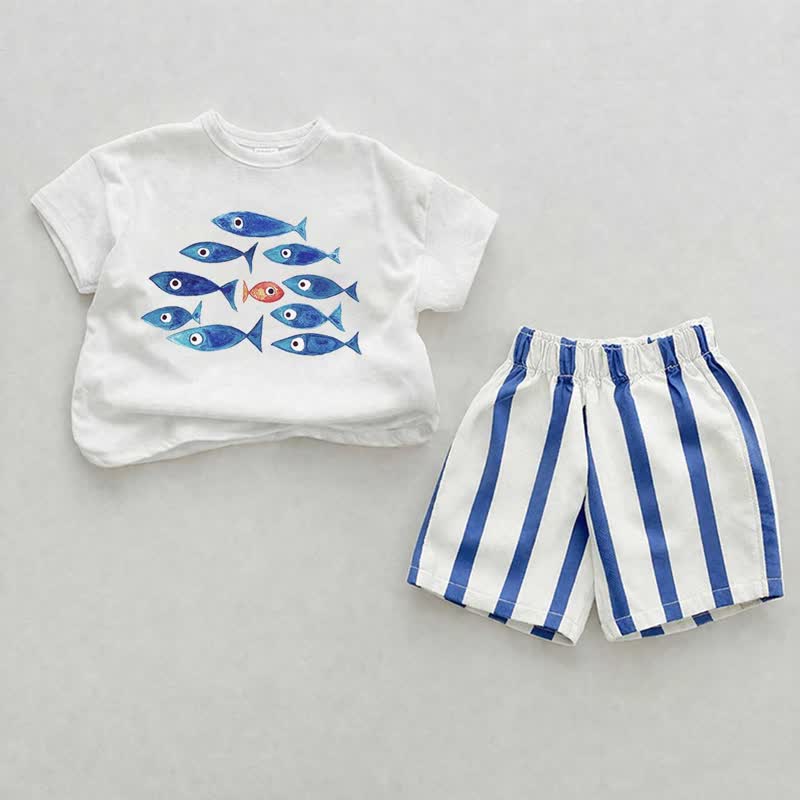 Baby Little Fish Print Blue Vertical Striped 2-piece Shorts Set - White&Blue - 2-3T - image 1