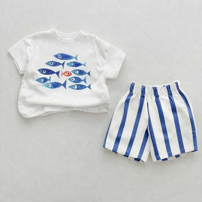 Baby Little Fish Print Blue Vertical Striped 2-piece Shorts Set - White&Blue - 2-3T - image 1