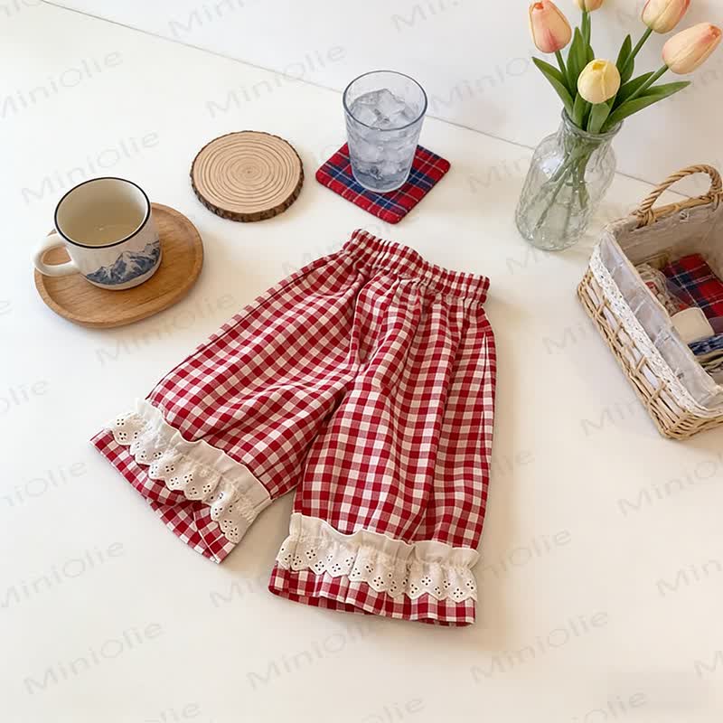 Toddler Girls Gingham Lace Hem Lounge Pants - Red - 8-9T - image 2