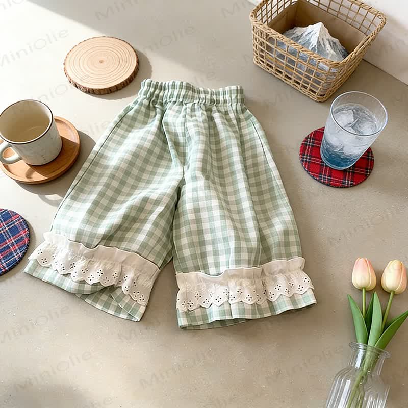 Toddler Girls Gingham Lace Hem Lounge Pants - Green - 8-9T - image 3