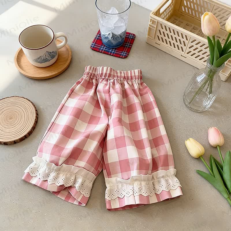 Toddler Girls Gingham Lace Hem Lounge Pants - Pink Plaid - 8-9T - image 6