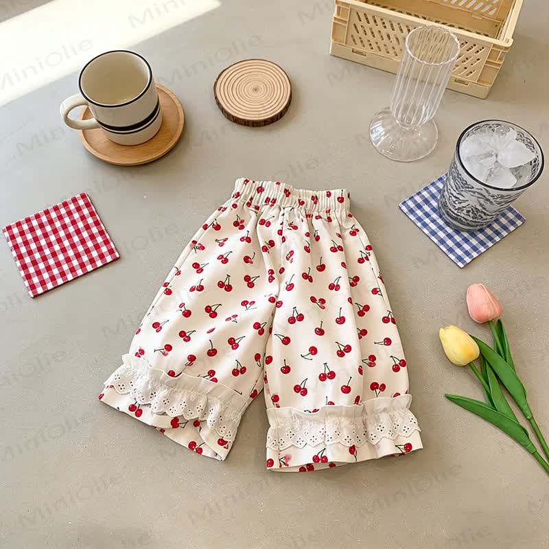 Toddler Girls Gingham Lace Hem Lounge Pants - Beige Cherry - 8-9T - image 7
