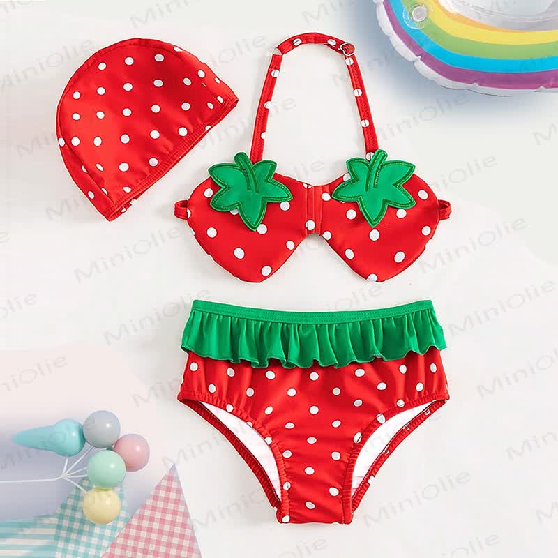 Toddler Girls Strawberry Polka Dot Swimwear Two Piece Set with Swim Cap - Red - 4-5T - image 1