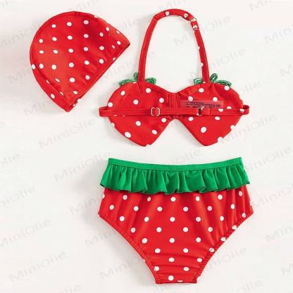 Toddler Girls Strawberry Polka Dot Swimwear Two Piece Set with Swim Cap - image 2