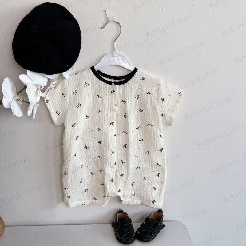 Baby White Short Sleeves Button Front Romper - White Bow - 18-24M - image 2