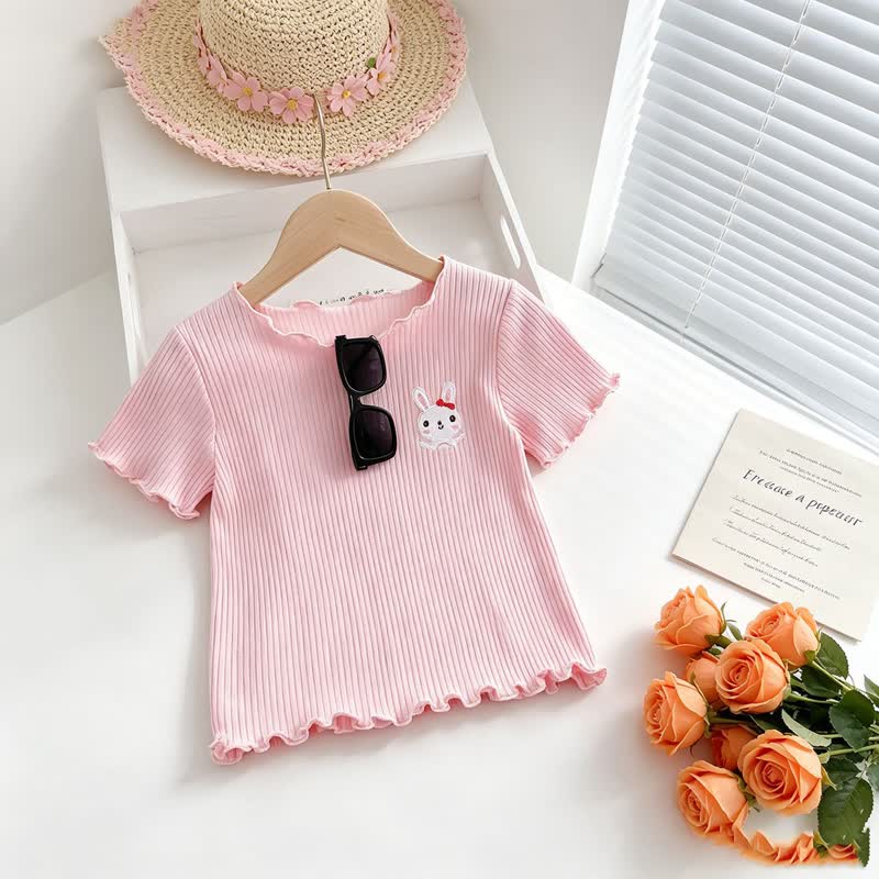 Toddler Baby Girl Ribbed Animal Embroidered Ruffle Trim T-Shirt - Pink - 4-5T - image 3