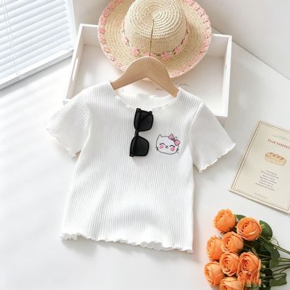 Toddler Baby Girl Ribbed Animal Embroidered Ruffle Trim T-Shirt - White - 4-5T - image 4