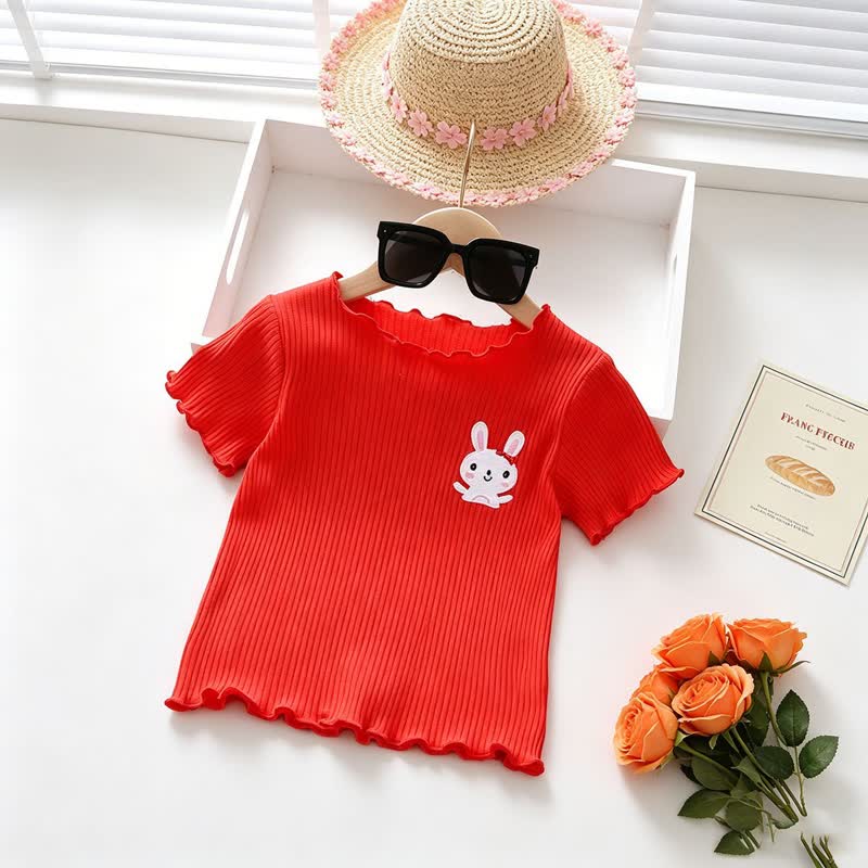Toddler Baby Girl Ribbed Animal Embroidered Ruffle Trim T-Shirt - Red - 4-5T - image 6