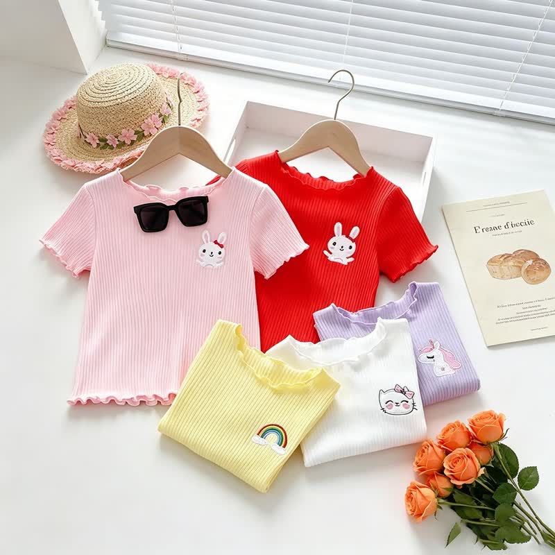 Toddler Baby Girl Ribbed Animal Embroidered Ruffle Trim T-Shirt - image 8