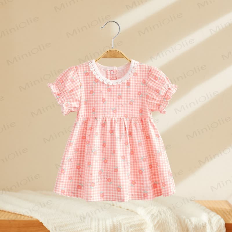 Toddler Baby Girls Print Puff Sleeve Summer Dress - Pink Checkered - 4-5T - image 1