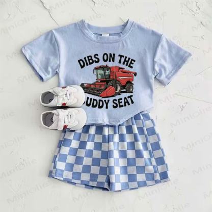 DIBS ON THE BUDDY SEAT Baby Boys Blue Excavator Print T-shirt and Plaid Pants 2-Piece Set - Blue - 2-3T - image 1
