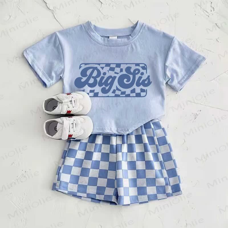 BIG SIS Baby Girls Blue Slogan T-shirt and Plaid Pants 2-Piece Set - Blue - 2-3T - image 1