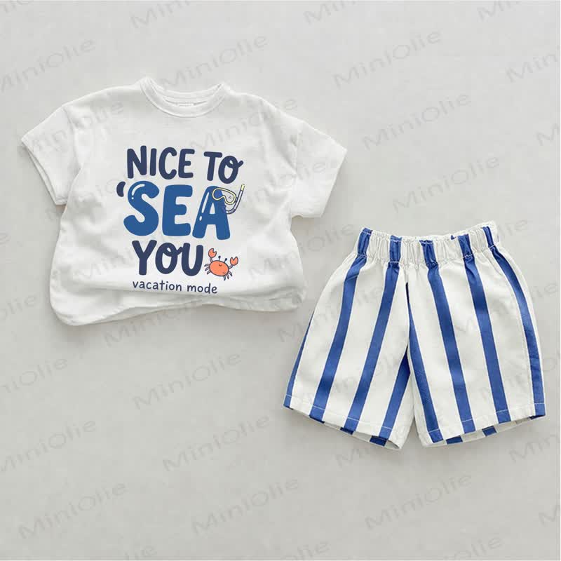 NICE TO SEA YOU VACATION MODE Baby Crab Print Blue Vertical Striped 2-piece Shorts Set - White&Blue - 2-3T - image 1