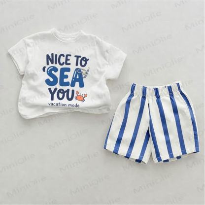 NICE TO SEA YOU VACATION MODE Baby Crab Print Blue Vertical Striped 2-piece Shorts Set - White&Blue - 2-3T - image 1