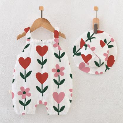 Baby Flower Heart Print White Romper with Hat - White - 18-24M - image 1