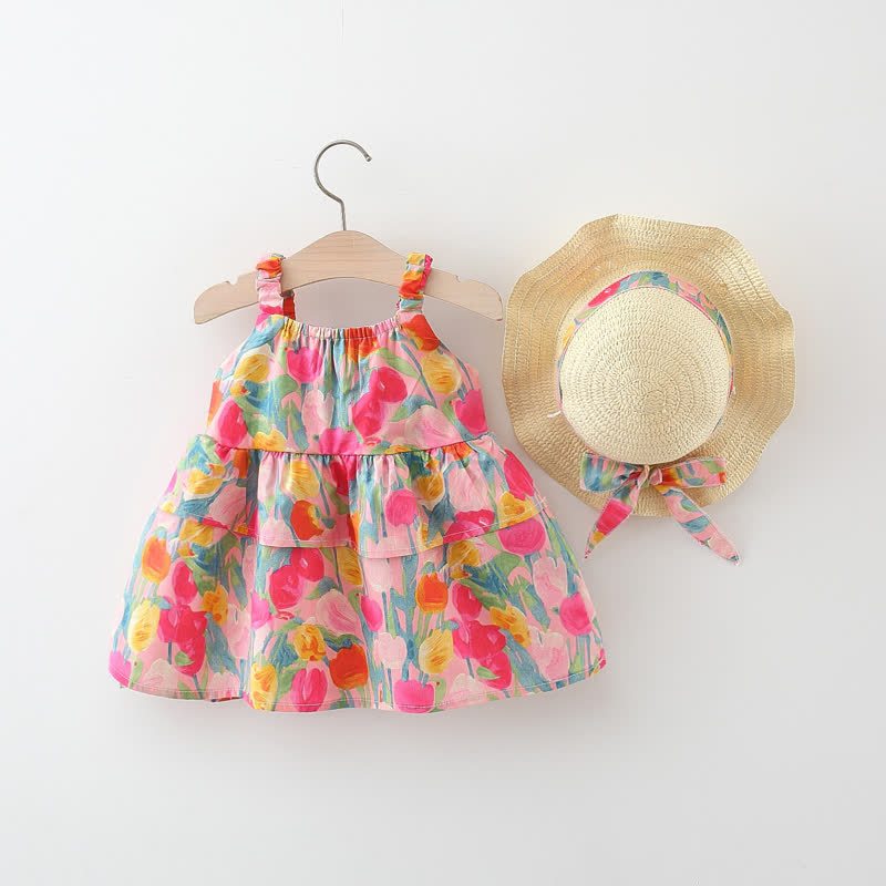 Baby Toddler Girl Tulip Print Tiered Summer Dress with Hat - Pink - 3-4T - image 1