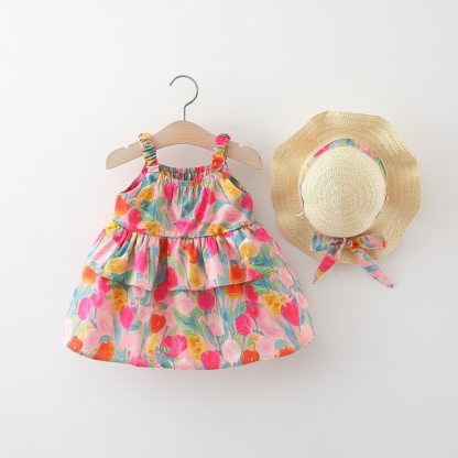 Baby Toddler Girl Tulip Print Tiered Summer Dress with Hat - image 2
