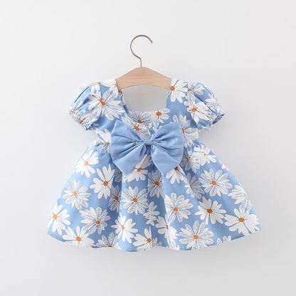 Toddler Baby Girl Daisy Print Bow Puff Sleeve Dress - Blue - 3-4T - image 1
