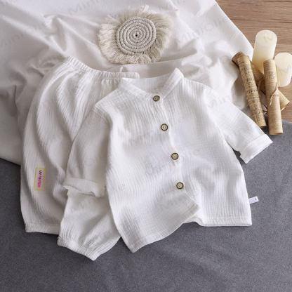 Toddler Crinkled Cotton Mandarin Collar Shirt and Pants 2-piece Set - White - 8-9T - image 1