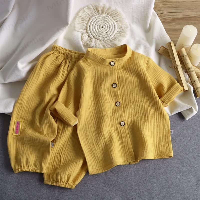 Toddler Crinkled Cotton Mandarin Collar Shirt and Pants 2-piece Set - Yellow - 8-9T - image 6