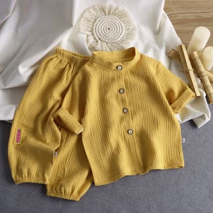 Toddler Crinkled Cotton Mandarin Collar Shirt and Pants 2-piece Set - Yellow - 8-9T - image 6