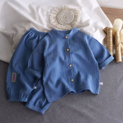 Toddler Crinkled Cotton Mandarin Collar Shirt and Pants 2-piece Set - Blue - 8-9T - image 2